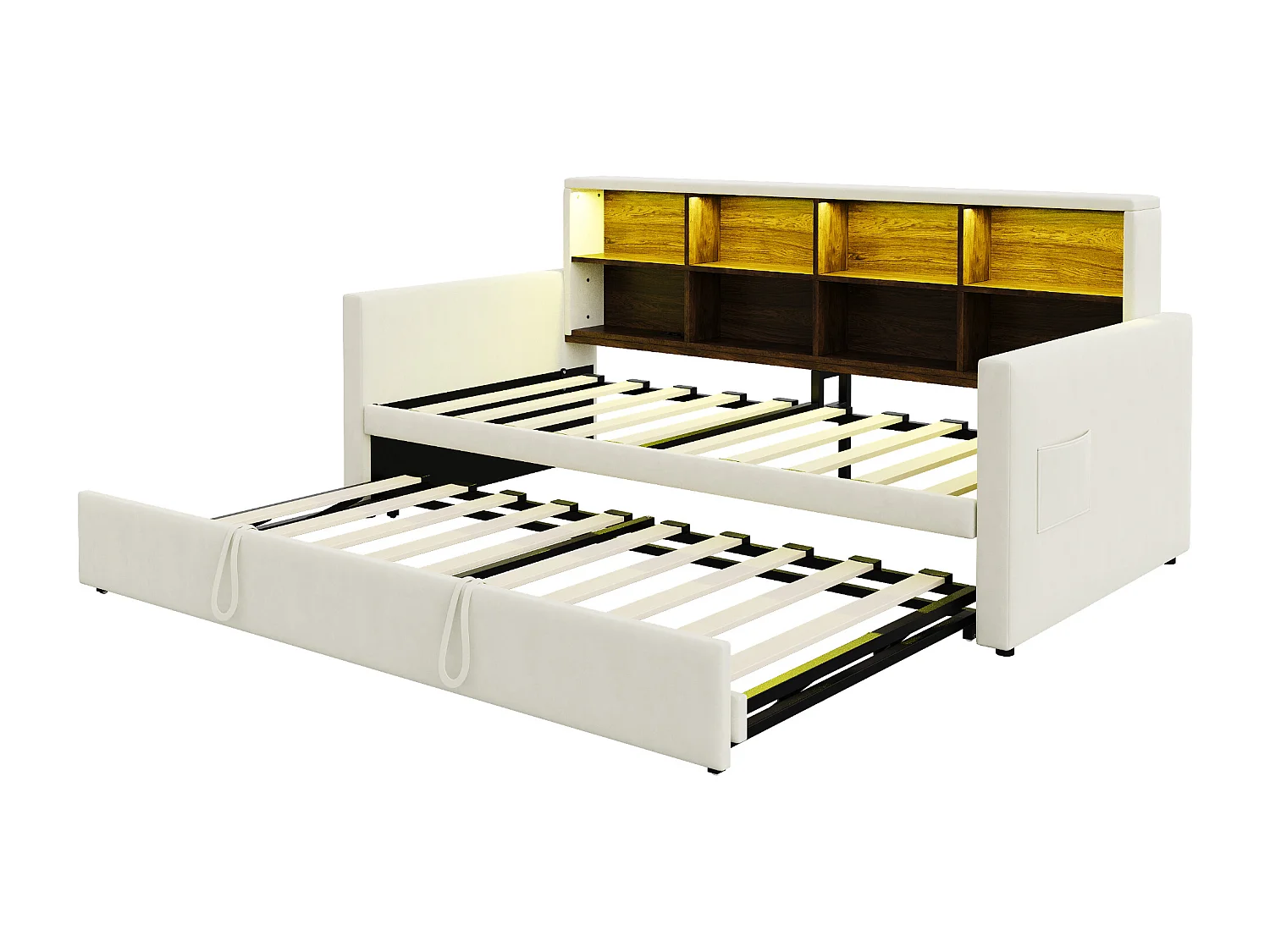 Canapé-lit capitonné 90x190cm - avec éclairage LED - avec prise de charge - avec lit gigogne - tissu velours - beige