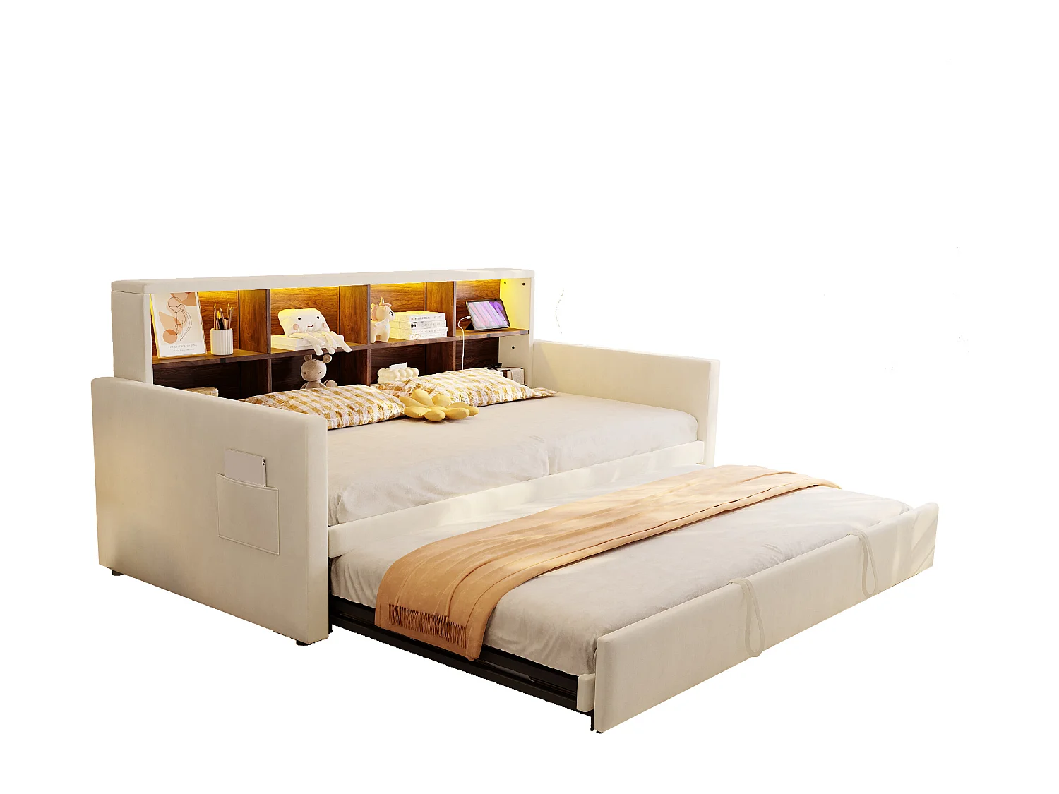 Canapé-lit capitonné 90x190cm - avec éclairage LED - avec prise de charge - avec lit gigogne - tissu velours - beige