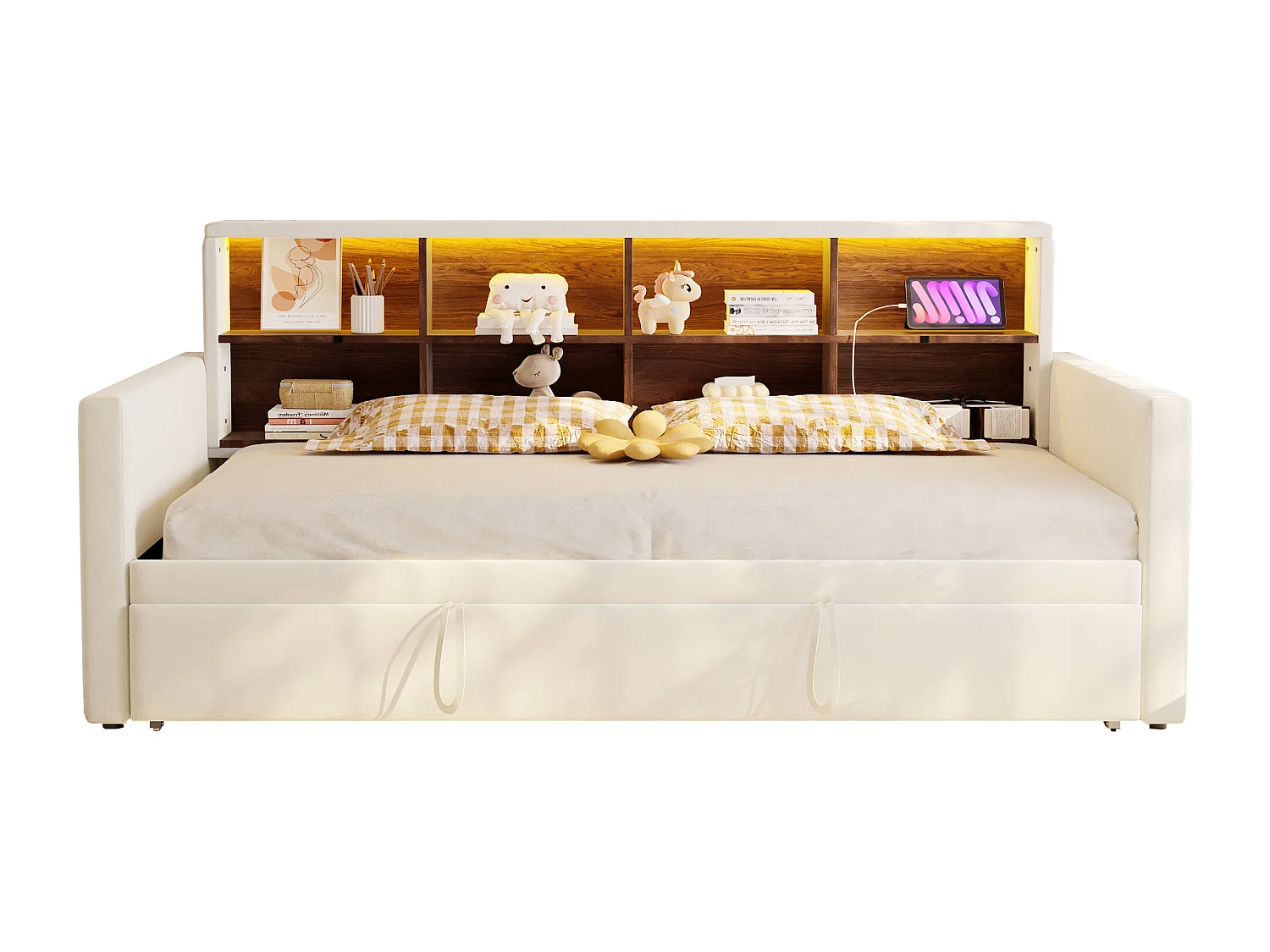 Canapé-lit capitonné 90x190cm - avec éclairage LED - avec prise de charge - avec lit gigogne - tissu velours - beige