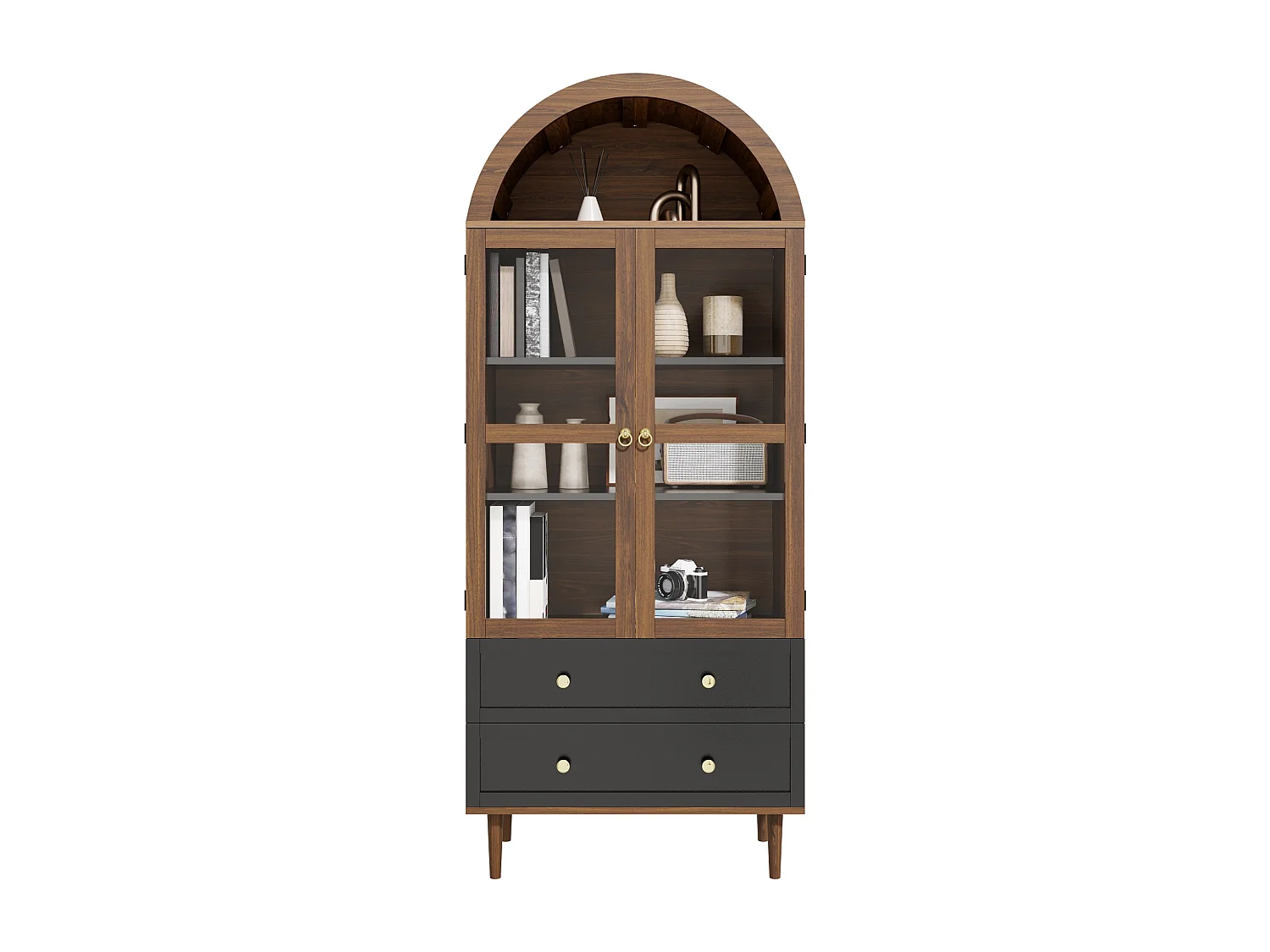 Vitrine moderna 70x38x165 cm - 2 gavetas e 2 portas - com prateleiras ajustáveis - Design curvado - MDF - Marrom