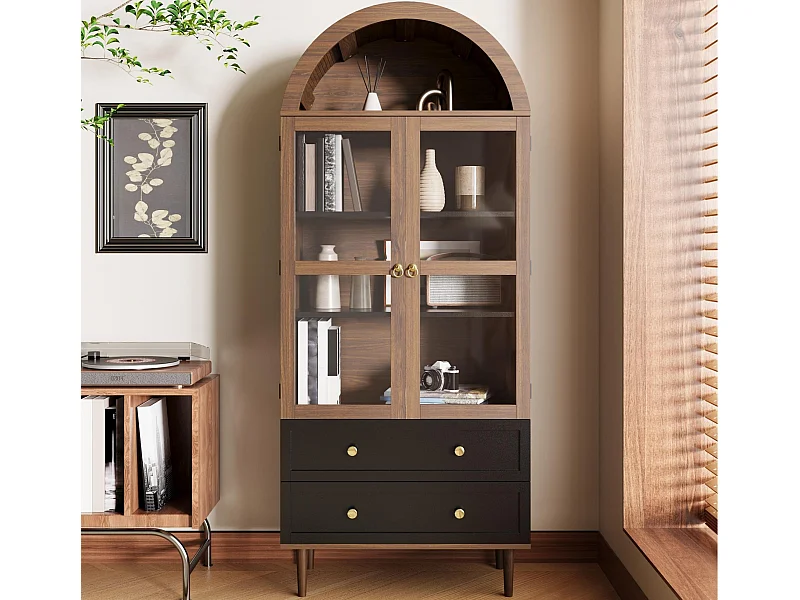 Vitrine moderna 70x38x165 cm - 2 gavetas e 2 portas - com prateleiras ajustáveis - Design curvado - MDF - Marrom