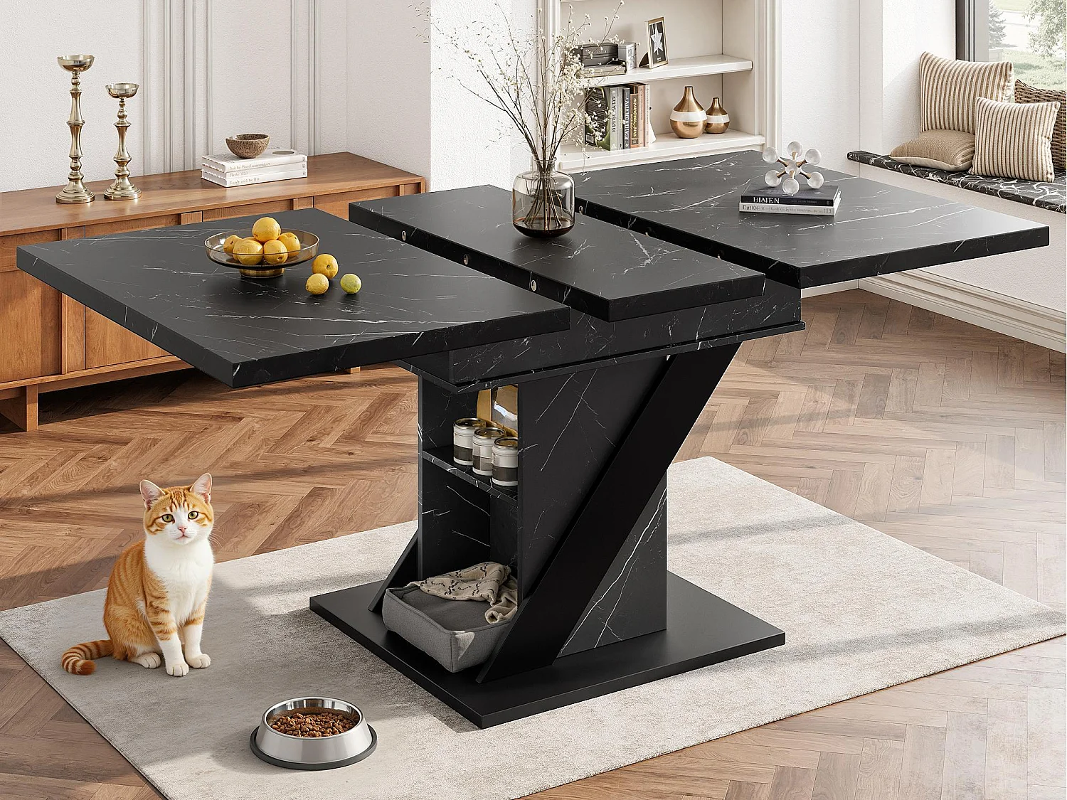 Table à manger extensible 110/140x80x75 cm - Pour 6 personnes - Pieds réglables - MDF + métal - aspect marbre - Noir