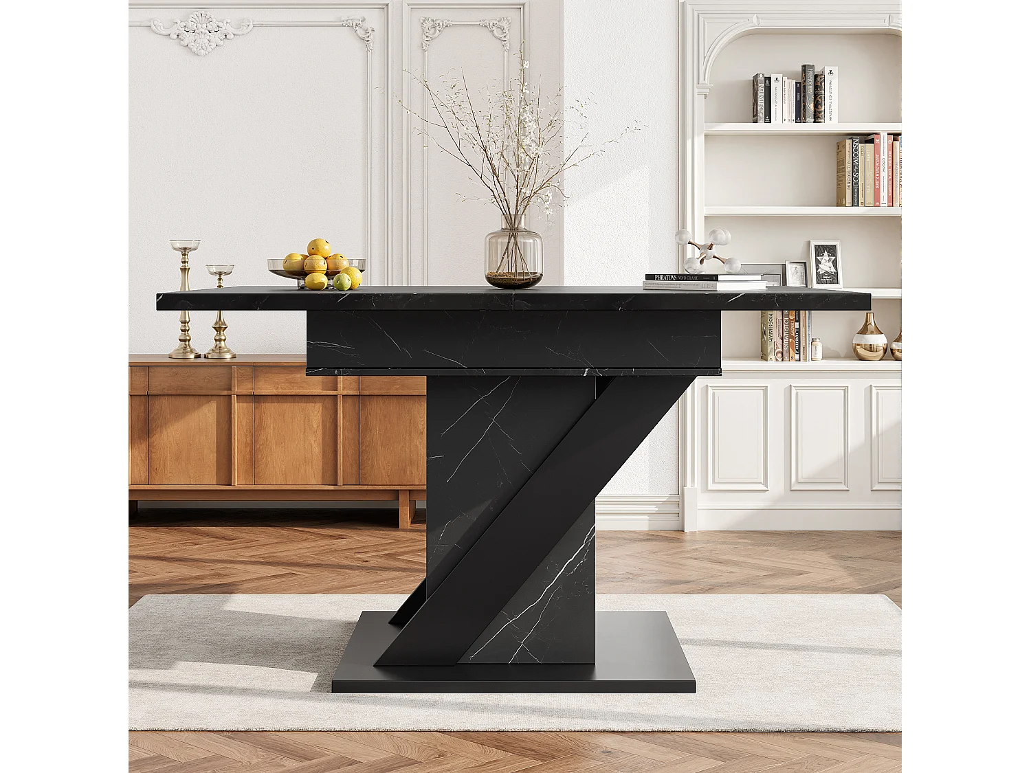 Table à manger extensible 110/140x80x75 cm - Pour 6 personnes - Pieds réglables - MDF + métal - aspect marbre - Noir