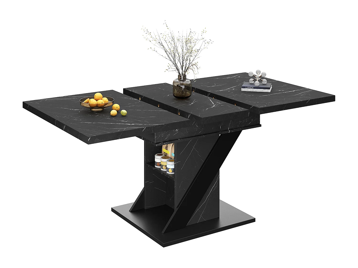 Table à manger extensible 110/140x80x75 cm - Pour 6 personnes - Pieds réglables - MDF + métal - aspect marbre - Noir