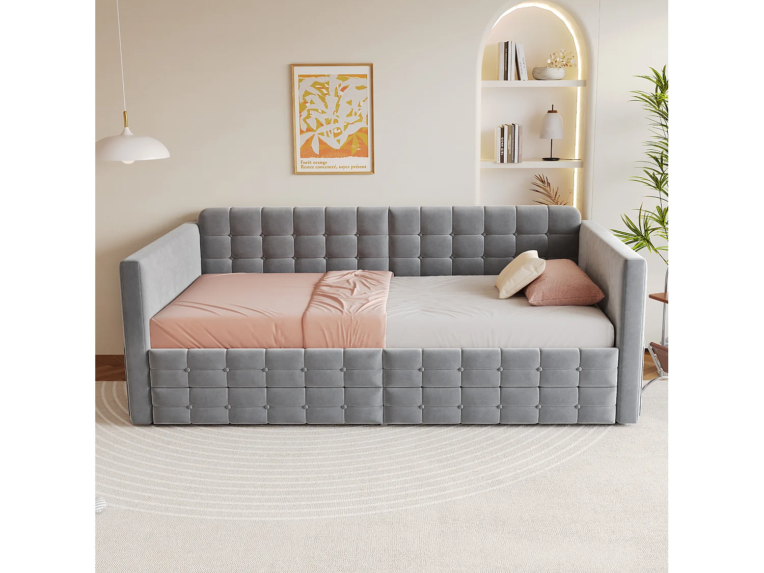 Divano letto imbottito 90x190 cm - con 2 cassetti - tessuto velluto - grigio (materasso non incluso)