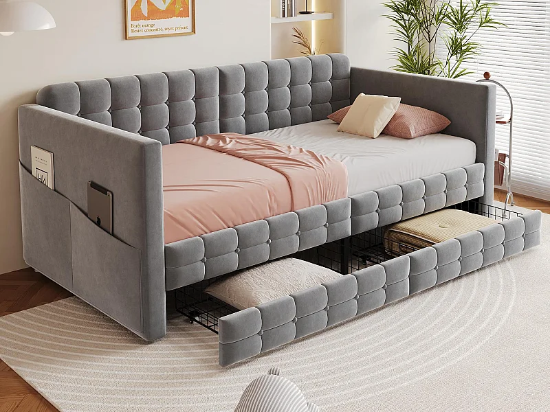 Gepolstertes Schlafsofa 90x190 cm - mit 2 Schubladen - Samtstoff - grau (Matratze nicht inbegriffen)