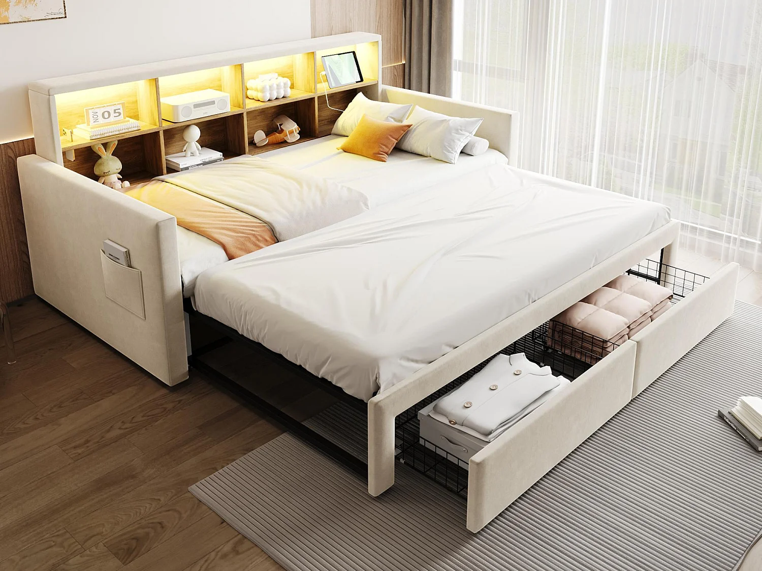 Canapé-lit capitonné 90x190 cm - Lumière LED - avec prise de charge - deux tiroirs - sommier à lattes - velours - beige