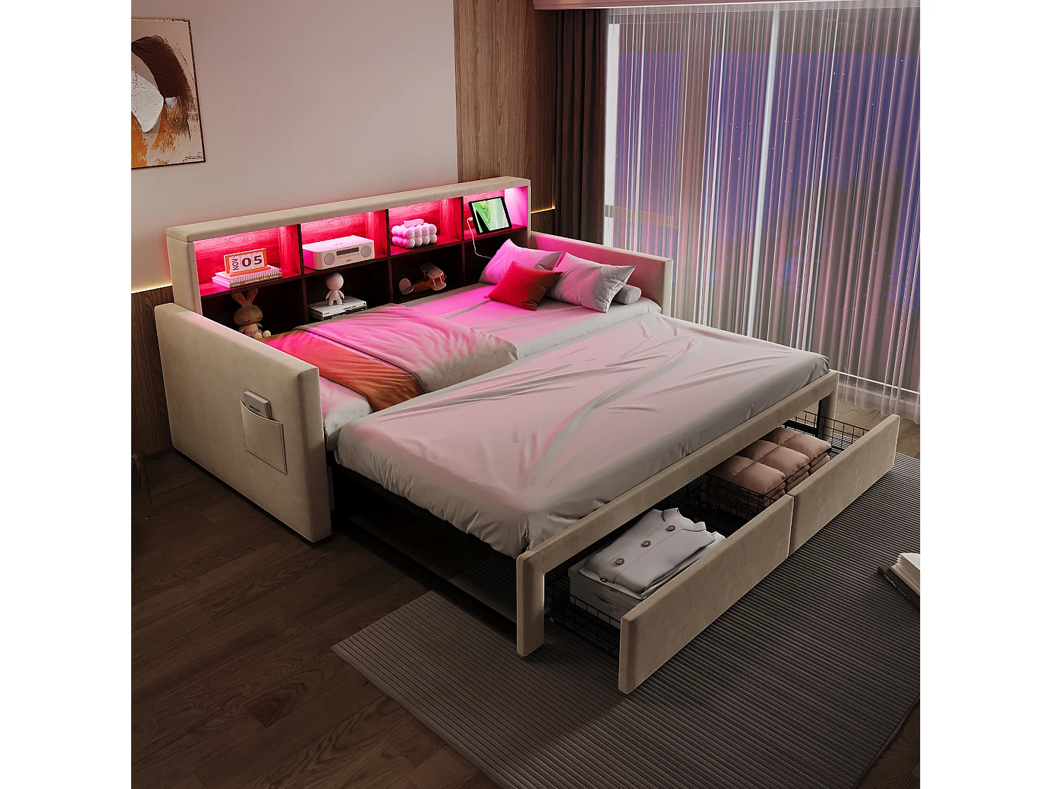 Canapé-lit capitonné 90x190 cm - Lumière LED - avec prise de charge - deux tiroirs - sommier à lattes - velours - beige