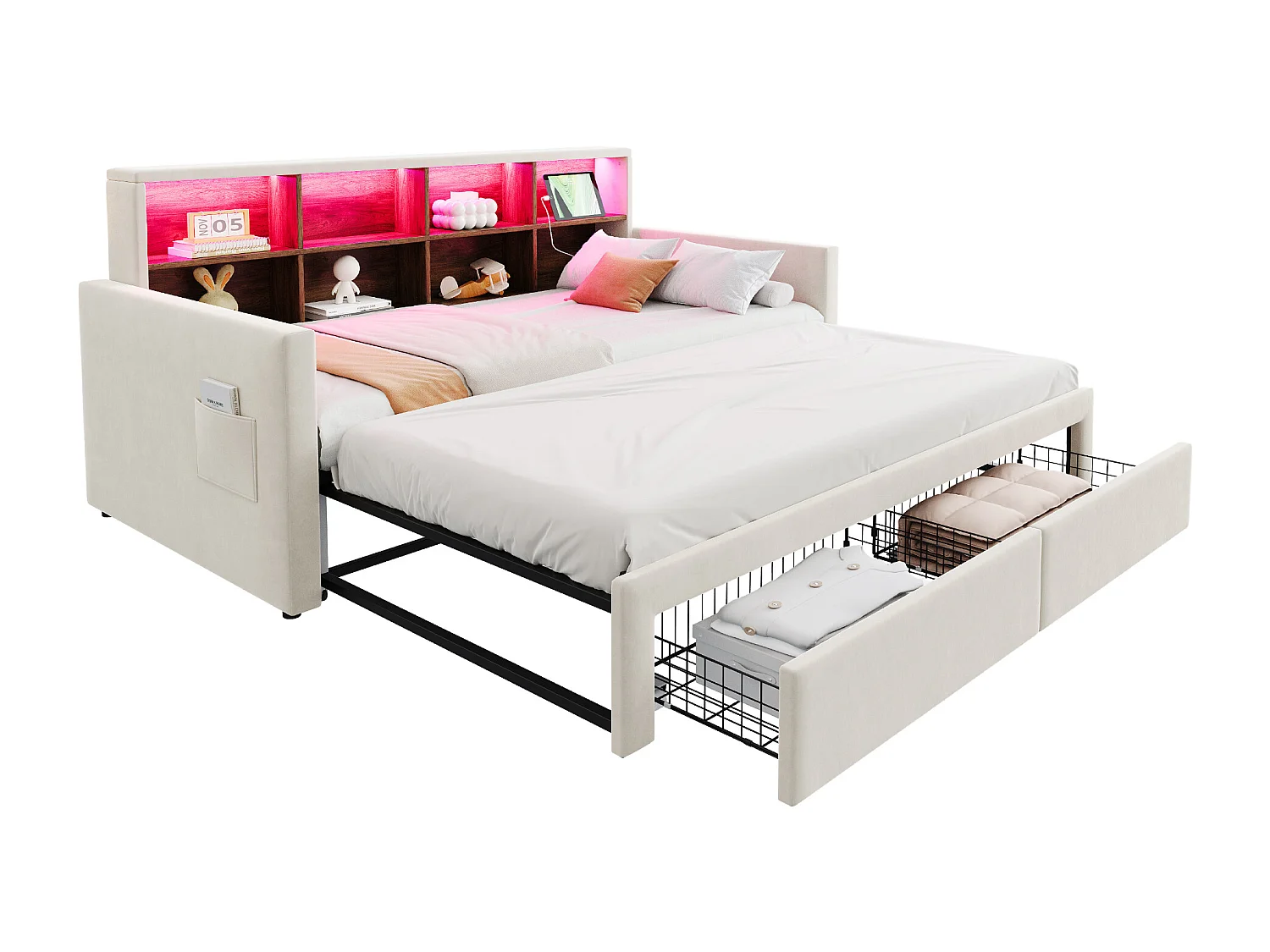 Canapé-lit capitonné 90x190 cm - Lumière LED - avec prise de charge - deux tiroirs - sommier à lattes - velours - beige