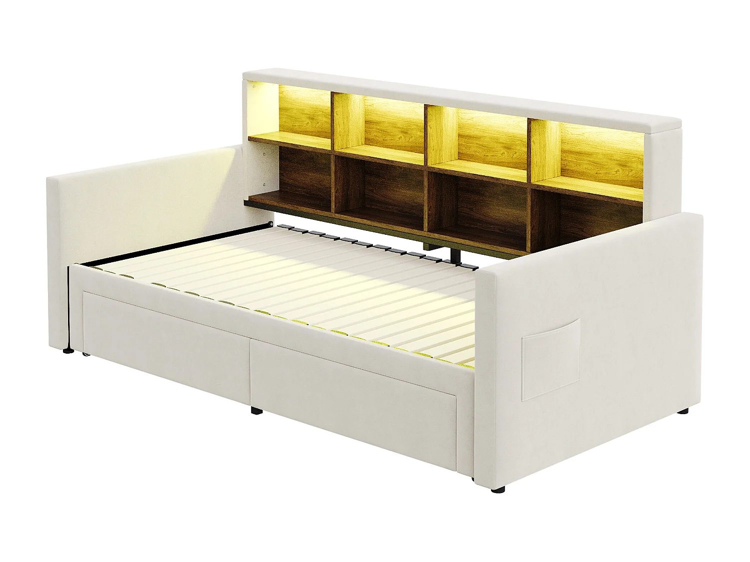 Canapé-lit capitonné 90x190 cm - Lumière LED - avec prise de charge - deux tiroirs - sommier à lattes - velours - beige