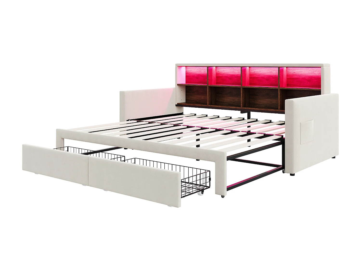 Canapé-lit capitonné 90x190 cm - Lumière LED - avec prise de charge - deux tiroirs - sommier à lattes - velours - beige