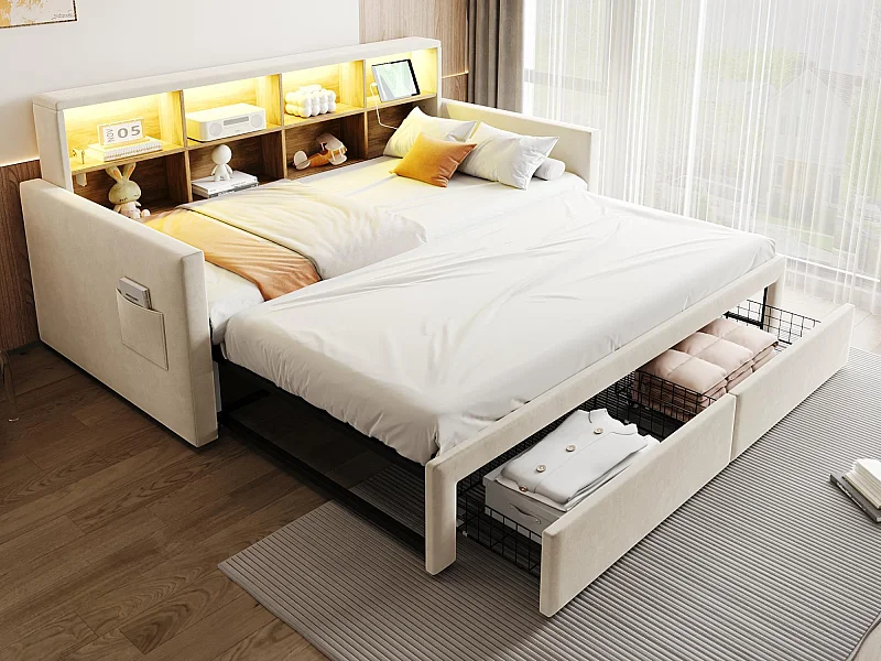 Canapé-lit capitonné 90x190 cm - Lumière LED - avec prise de charge - deux tiroirs - sommier à lattes - velours - beige