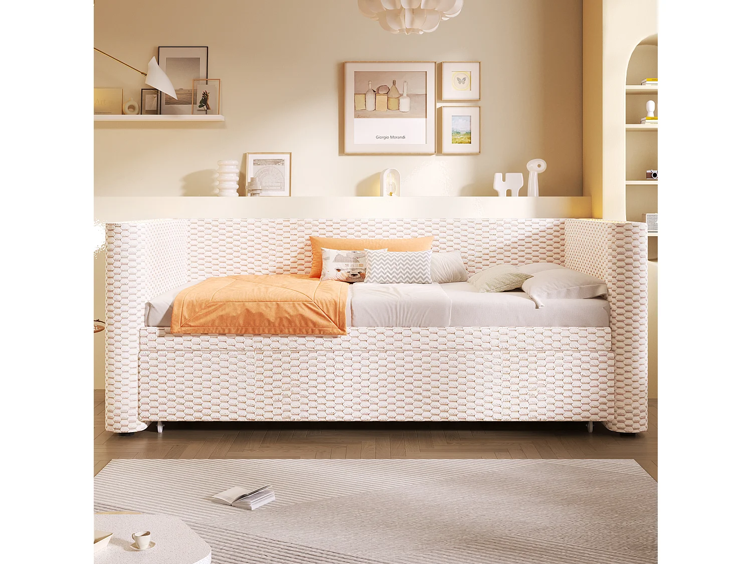 Sofá cama 90/180x200cm - con cama nido - con tira de luz LED - con somier de láminas - terciopelo - beige​ (colchón no incluido)