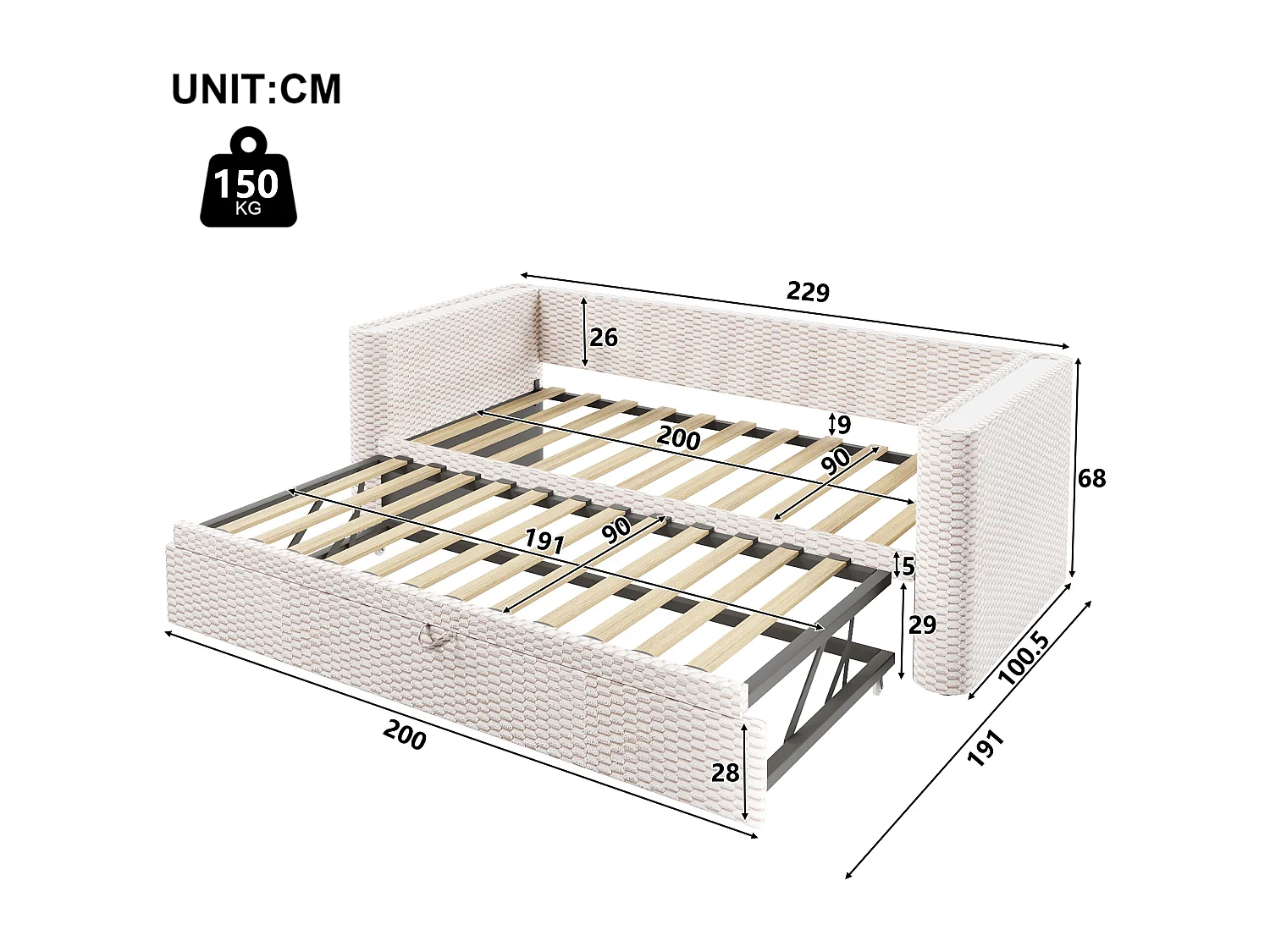 Sofá cama 90/180x200cm - con cama nido - con tira de luz LED - con somier de láminas - terciopelo - beige​ (colchón no incluido)
