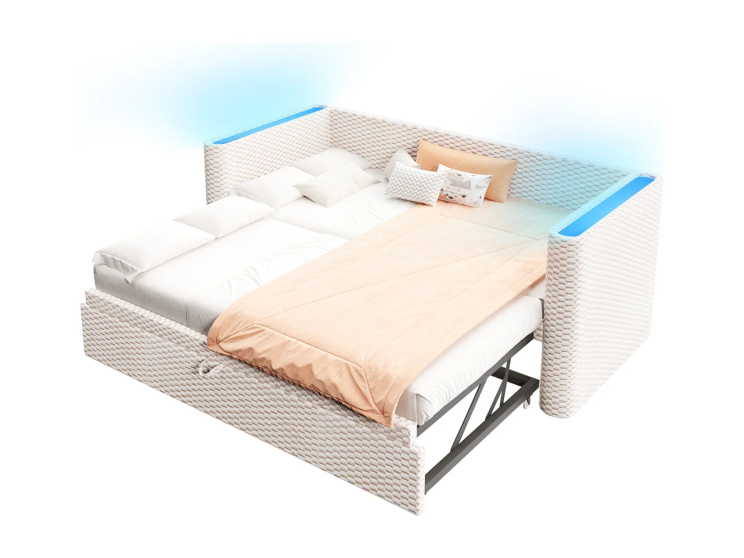 Sofá cama 90/180x200cm - con cama nido - con tira de luz LED - con somier de láminas - terciopelo - beige​ (colchón no incluido)