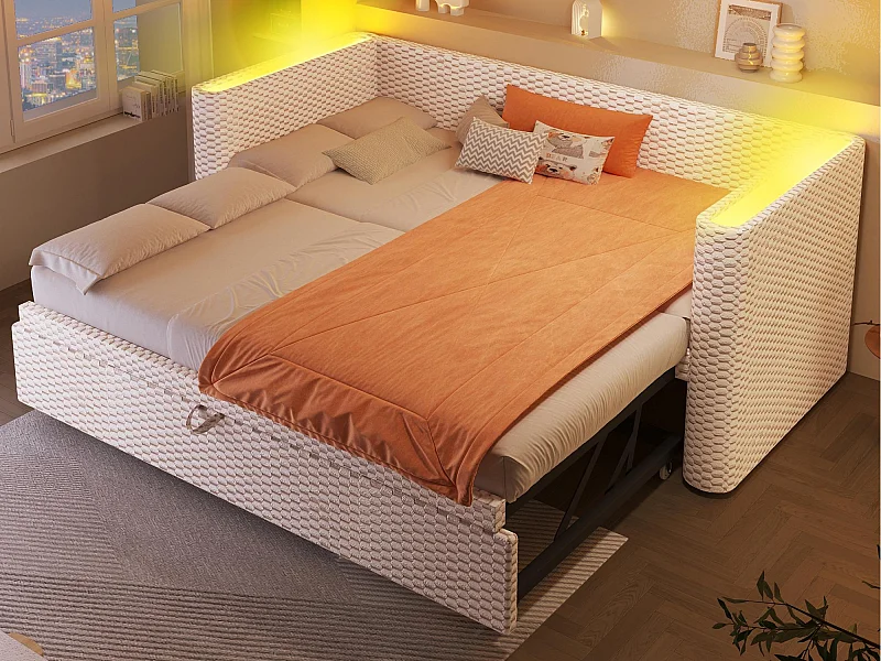 Canapé-lit 90/180x200cm - avec lit gigogne - avec bande lumineuse LED - avec sommier à lattes - velours - beige (matelas non inclus)