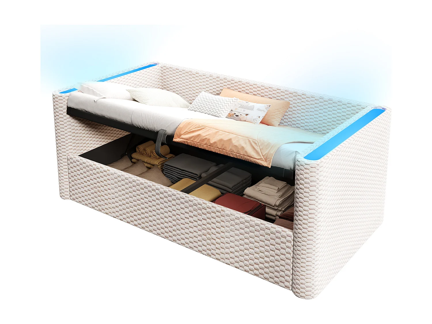 Canapé-lit coffre 90x200 cm - avec éclairage LED - sommier à lattes - velours - beige (matelas non inclus)