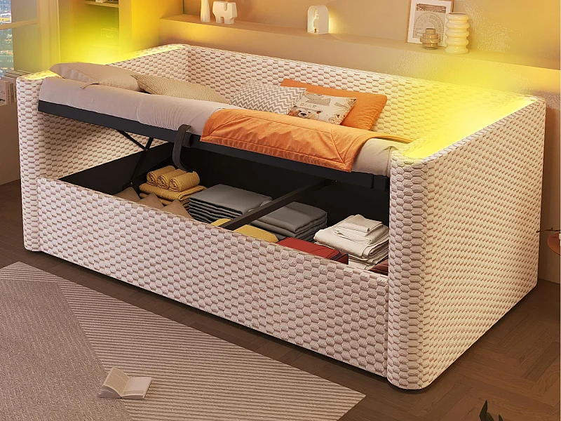 Canapé-lit coffre 90x200 cm - avec éclairage LED - sommier à lattes - velours - beige (matelas non inclus)
