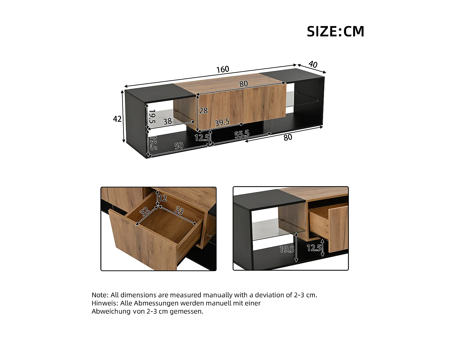 Meuble TV 160x40x42 cm - avec 2 tiroirs - Étagères en verre - avec éclairage LED - Panneaux de particules - Noir