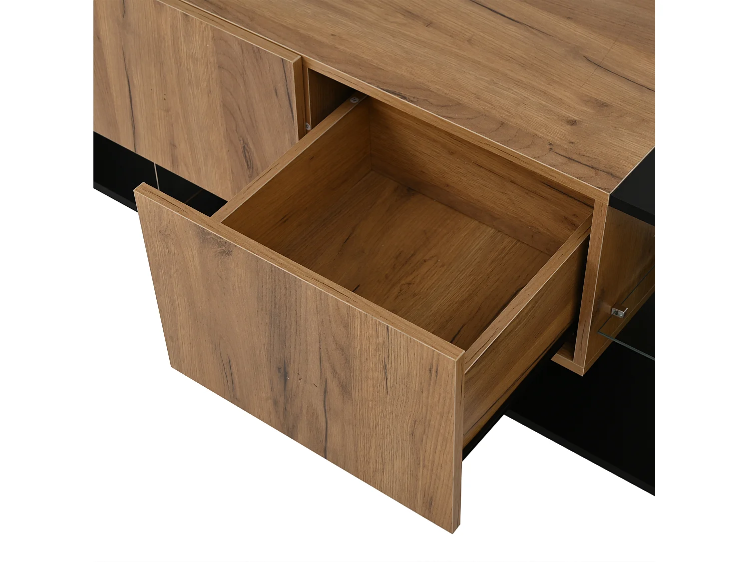 Meuble TV 160x40x42 cm - avec 2 tiroirs - Étagères en verre - avec éclairage LED - Panneaux de particules - Noir