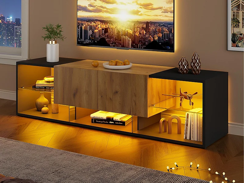 TV-meubel 160x40x42 cm - met 2 lades - Glazen planken - met LED-verlichting - Deeltjesplaten - Zwart