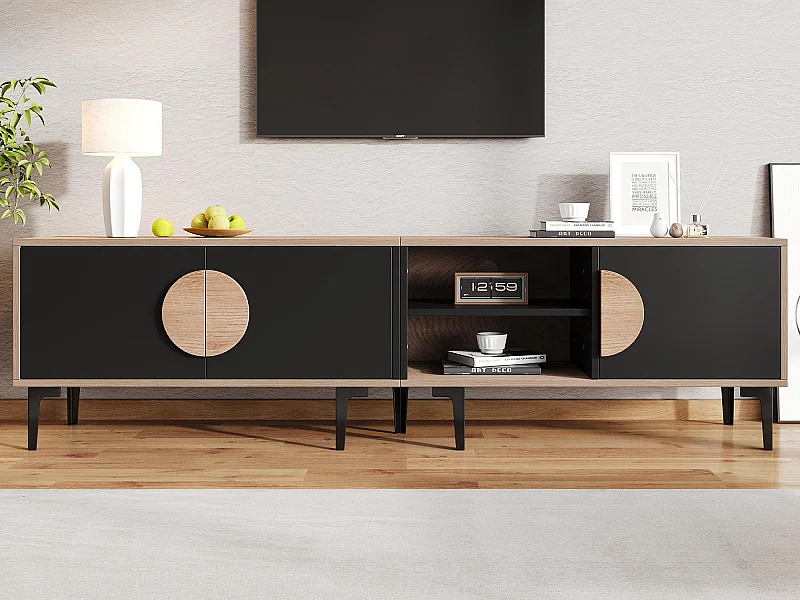 TV-Schrank 180x35x49 cm - mit 3 Türen - Offene Ablagefächer - Spanplatten - Natur und schwarz