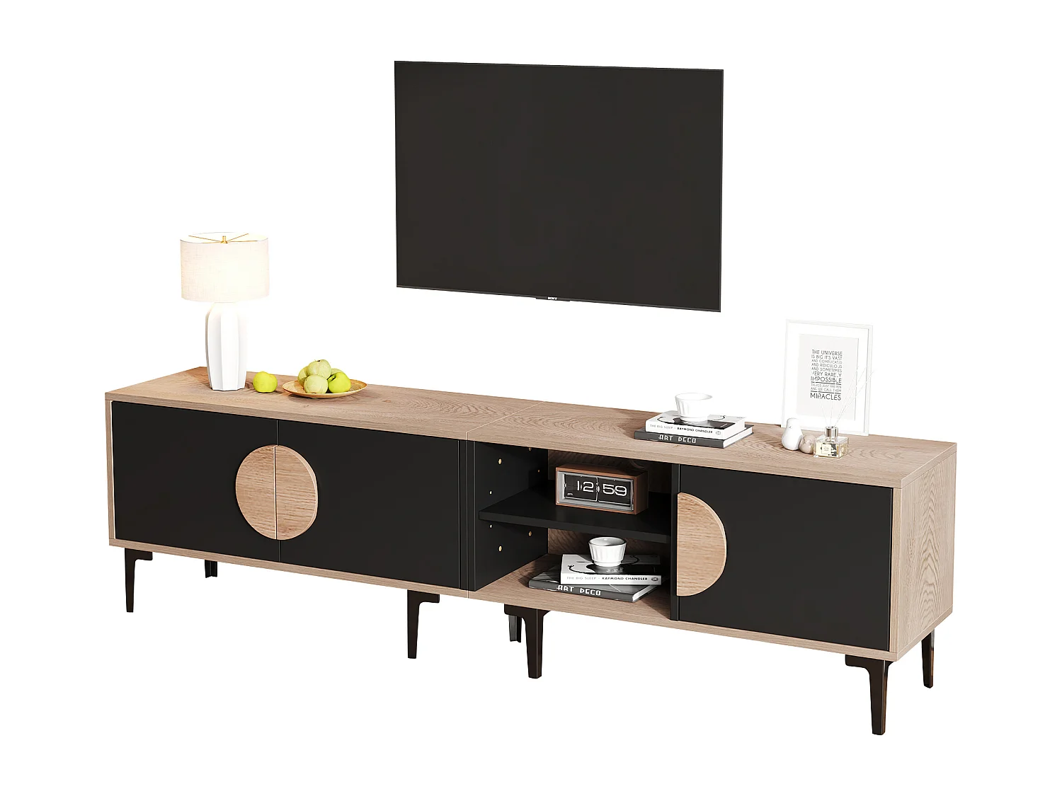 TV-Schrank 180x35x49 cm - mit 3 Türen - Offene Ablagefächer - Spanplatten - Natur und schwarz