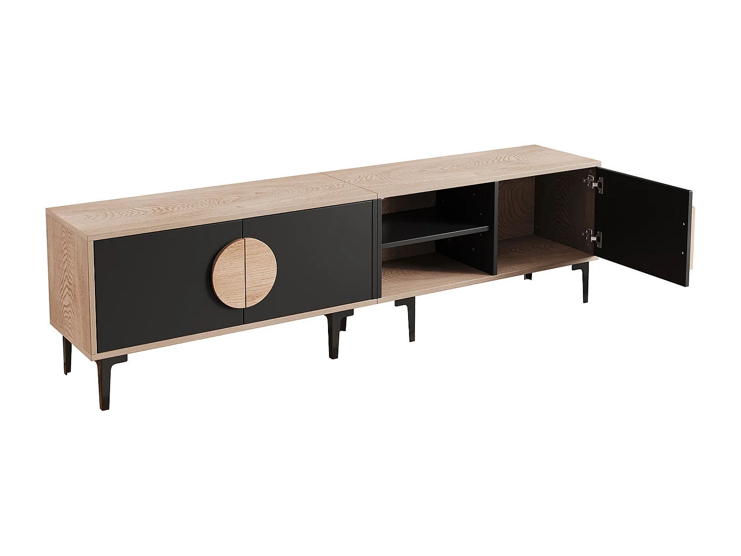 TV-Schrank 180x35x49 cm - mit 3 Türen - Offene Ablagefächer - Spanplatten - Natur und schwarz