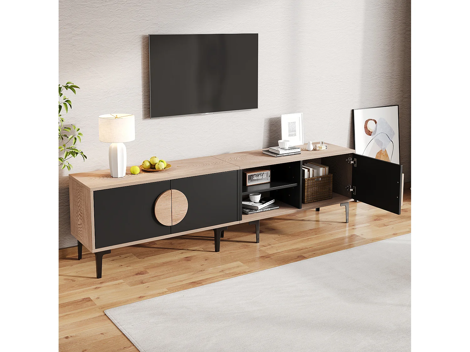 Mobile per TV 180x35x49 cm - con 3 ante - Ripiani aperti - Pannelli di particelle - Naturale e nero