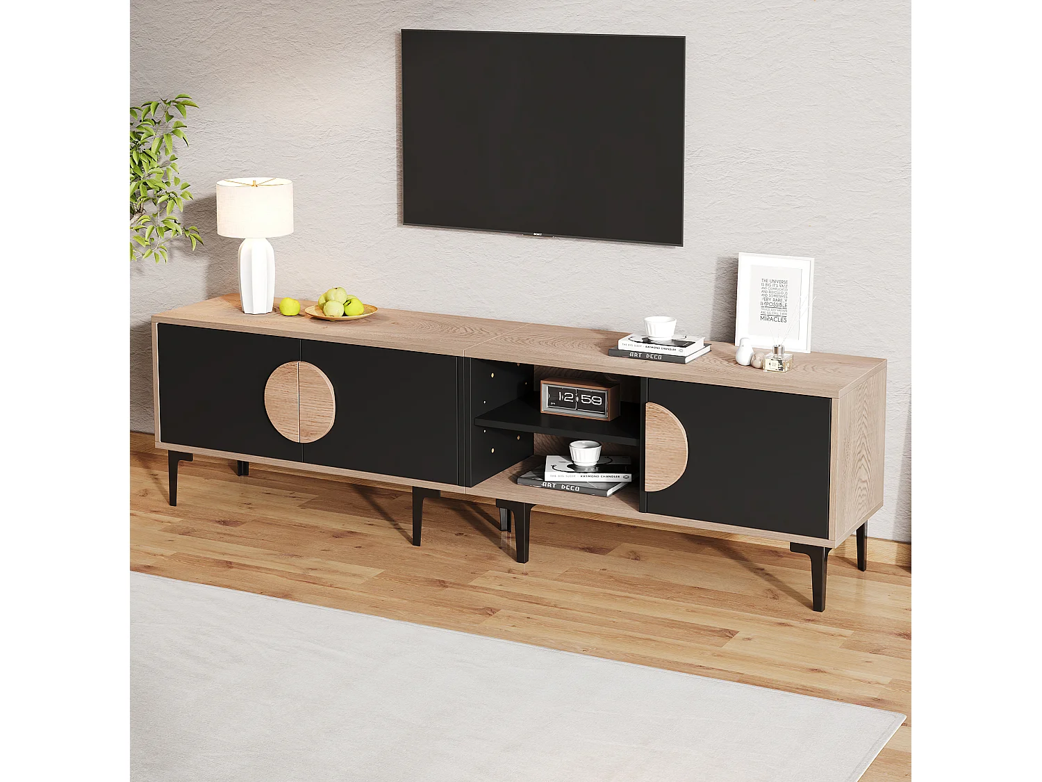 Mobile per TV 180x35x49 cm - con 3 ante - Ripiani aperti - Pannelli di particelle - Naturale e nero