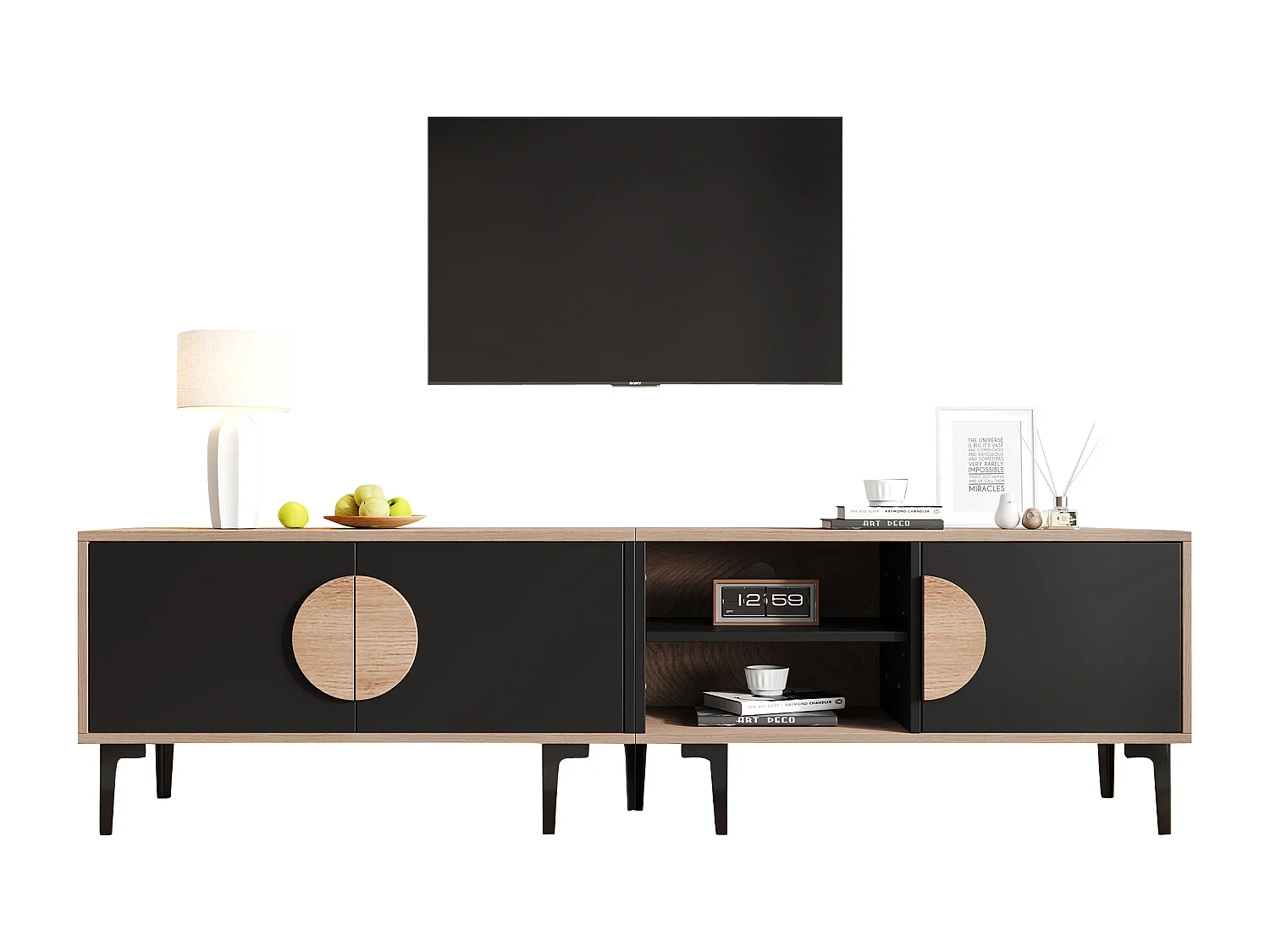 Mobile per TV 180x35x49 cm - con 3 ante - Ripiani aperti - Pannelli di particelle - Naturale e nero