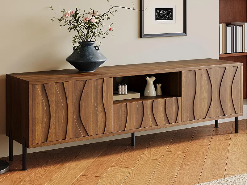 TV-Schrank 160x35x46cm - mit 3 Türen - mit offenem Stauraum - Eisenfüße - MDF - Natur