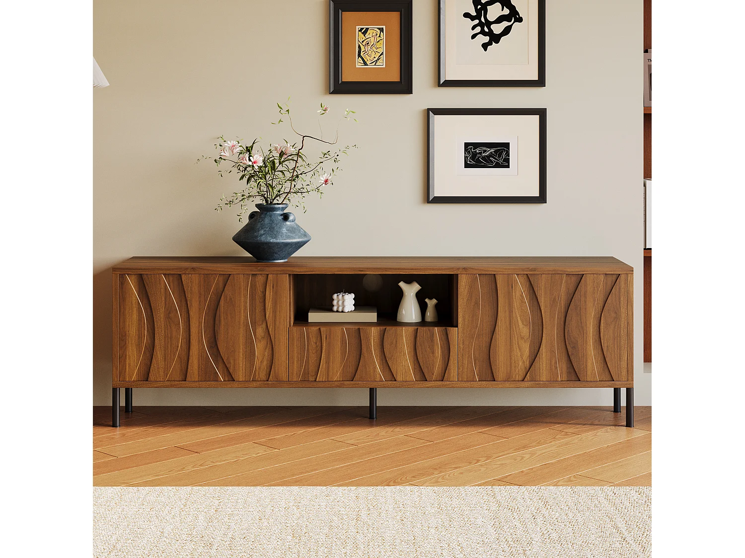 TV-Schrank 160x35x46cm - mit 3 Türen - mit offenem Stauraum - Eisenfüße - MDF - Natur