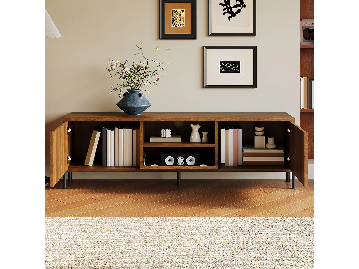 TV-Schrank 160x35x46cm - mit 3 Türen - mit offenem Stauraum - Eisenfüße - MDF - Natur