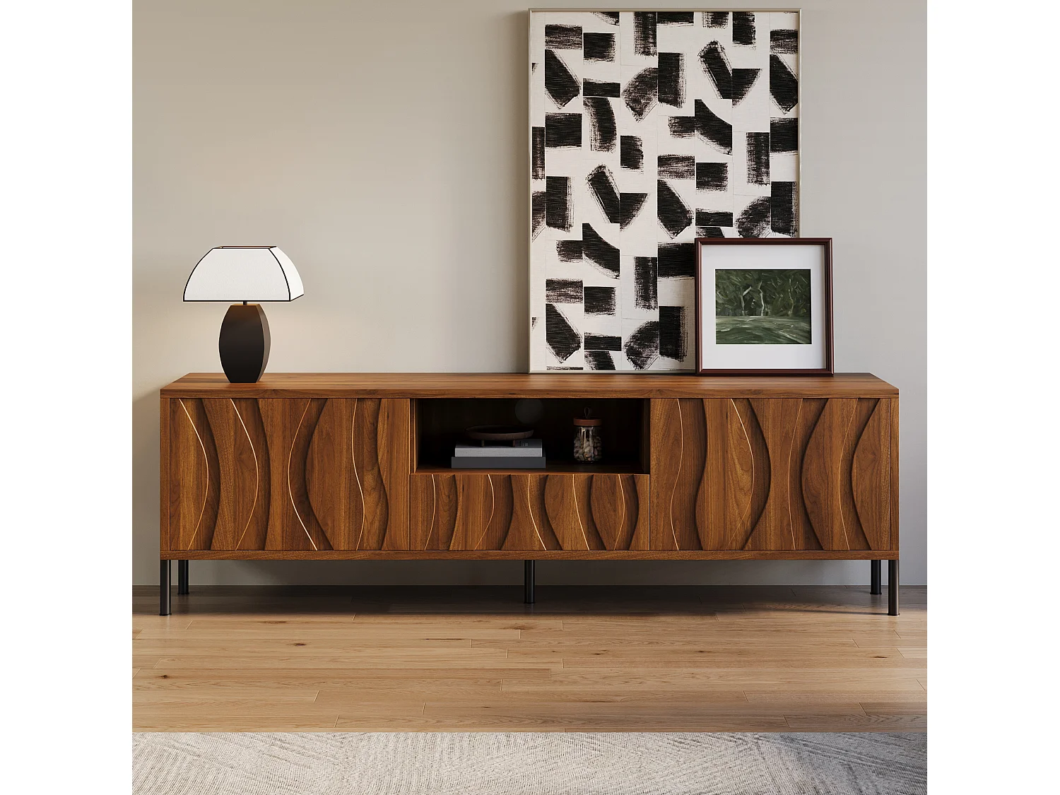 Meuble TV 160x35x46cm - avec 3 portes - avec espace de rangement ouvert - Pieds en fer - MDF - Naturel