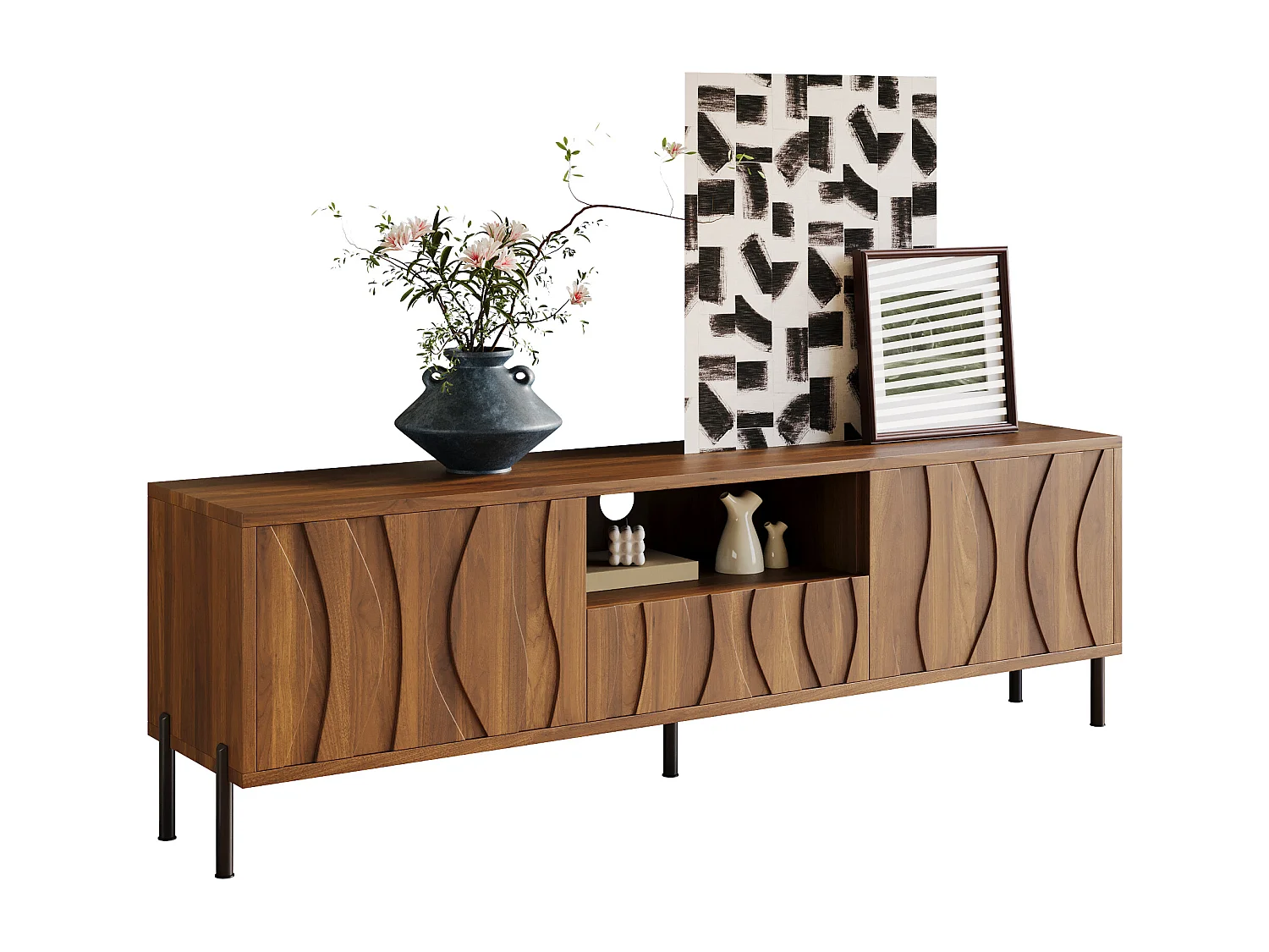 Meuble TV 160x35x46cm - avec 3 portes - avec espace de rangement ouvert - Pieds en fer - MDF - Naturel