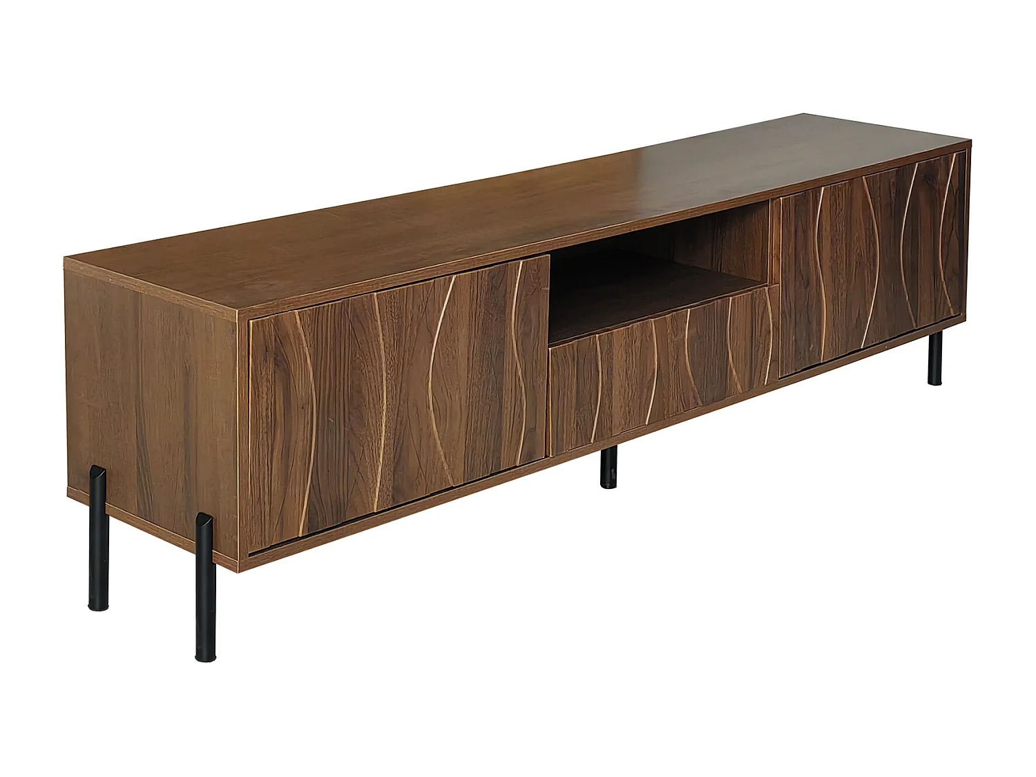 Meuble TV 160x35x46cm - avec 3 portes - avec espace de rangement ouvert - Pieds en fer - MDF - Naturel