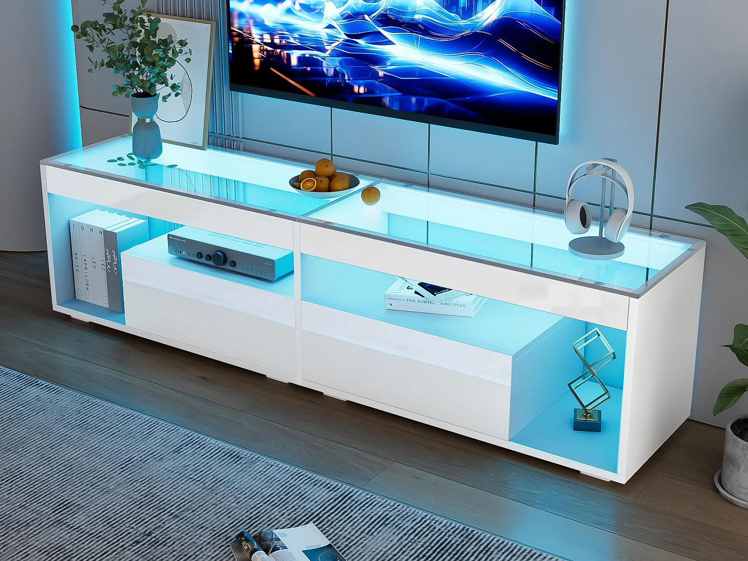 Hochglanz-TV-Schrank 180x50x46 cm - mit 2 Schubladen - mit LED - für Fernseher bis 70 Zoll - schwarz