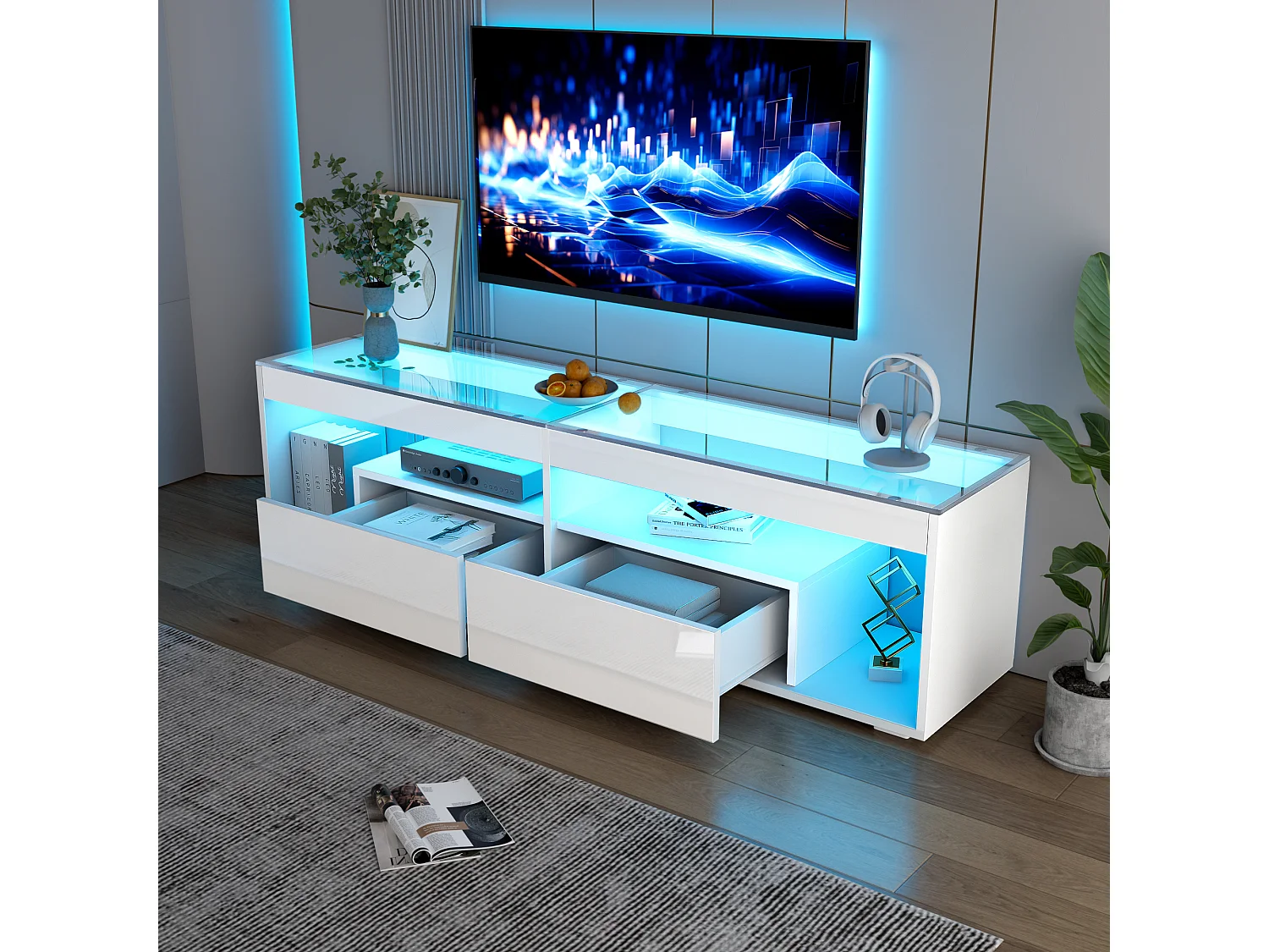 Hochglanz-TV-Schrank 180x50x46 cm - mit 2 Schubladen - mit LED - für Fernseher bis 70 Zoll - schwarz