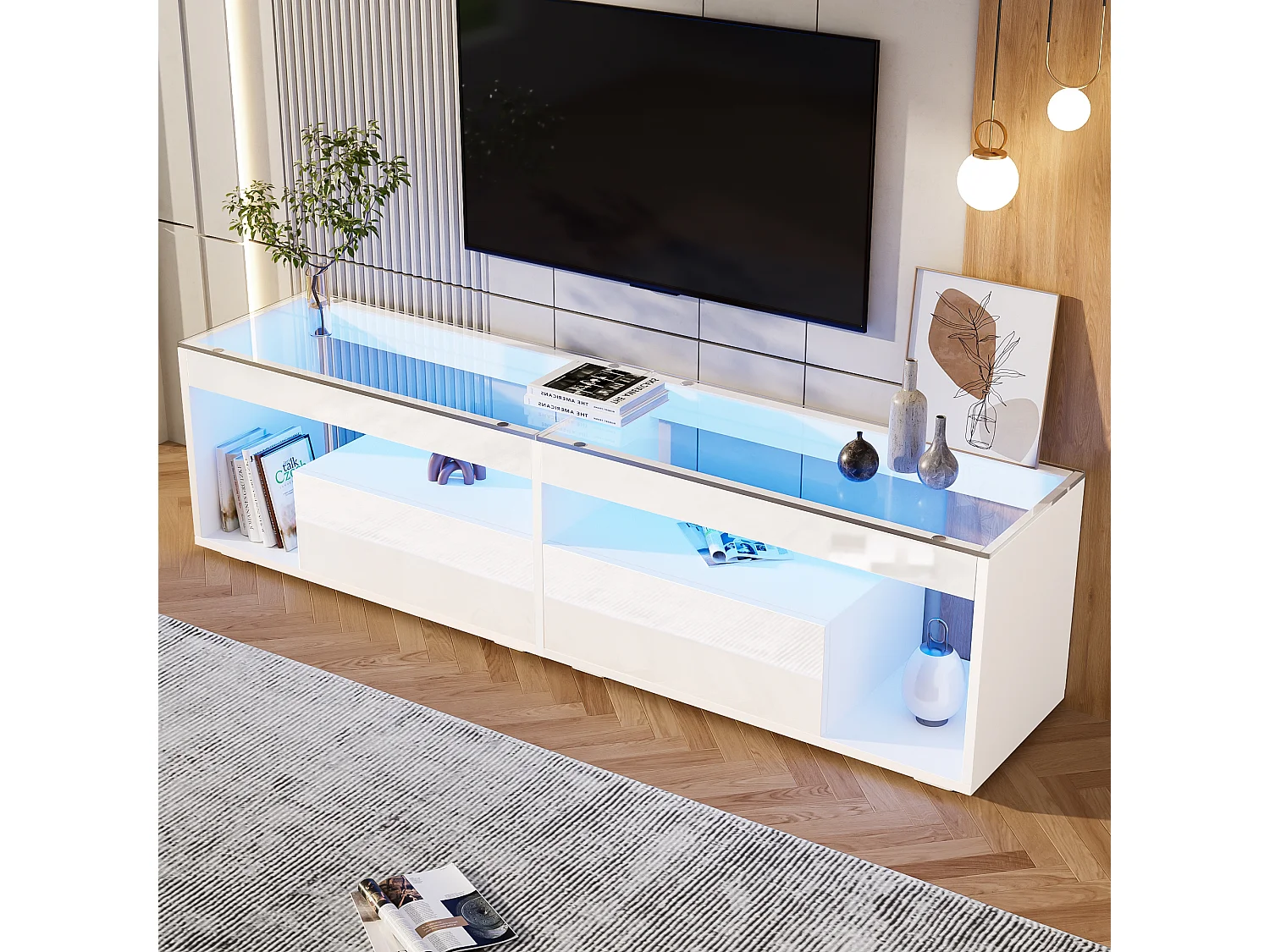 Hochglanz-TV-Schrank 180x50x46 cm - mit 2 Schubladen - mit LED - für Fernseher bis 70 Zoll - schwarz