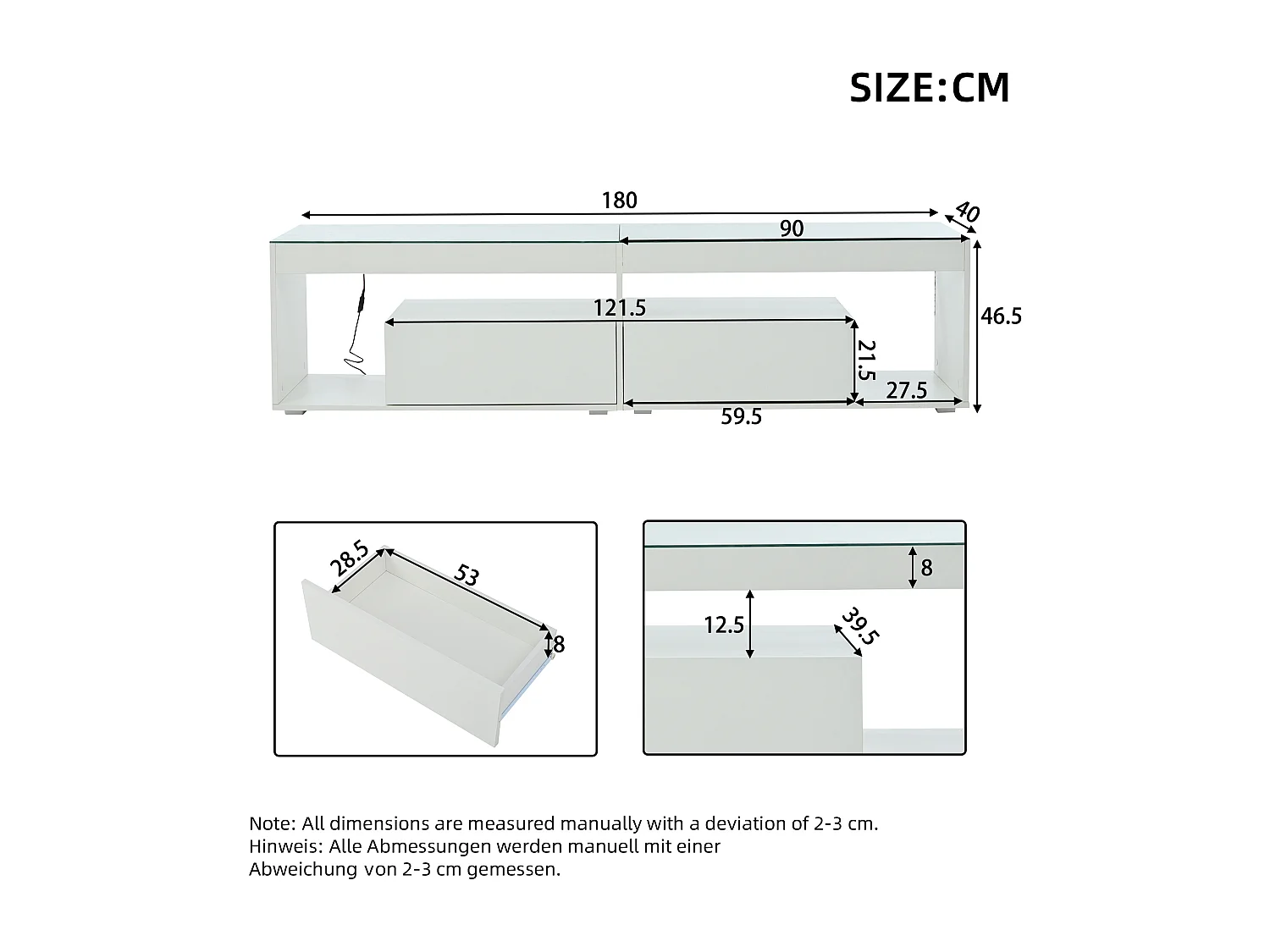 Hochglanz-TV-Schrank 180x50x46 cm - mit 2 Schubladen - mit LED - für Fernseher bis 70 Zoll - schwarz