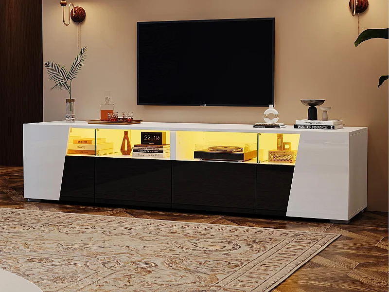 TV-Schrank 180x38,5x45 cm - mit LED-Beleuchtung - 2 Schubladen und 2 Türen - Offene Ablagefächer - Hochglanzfinish - Weiß + schwarz