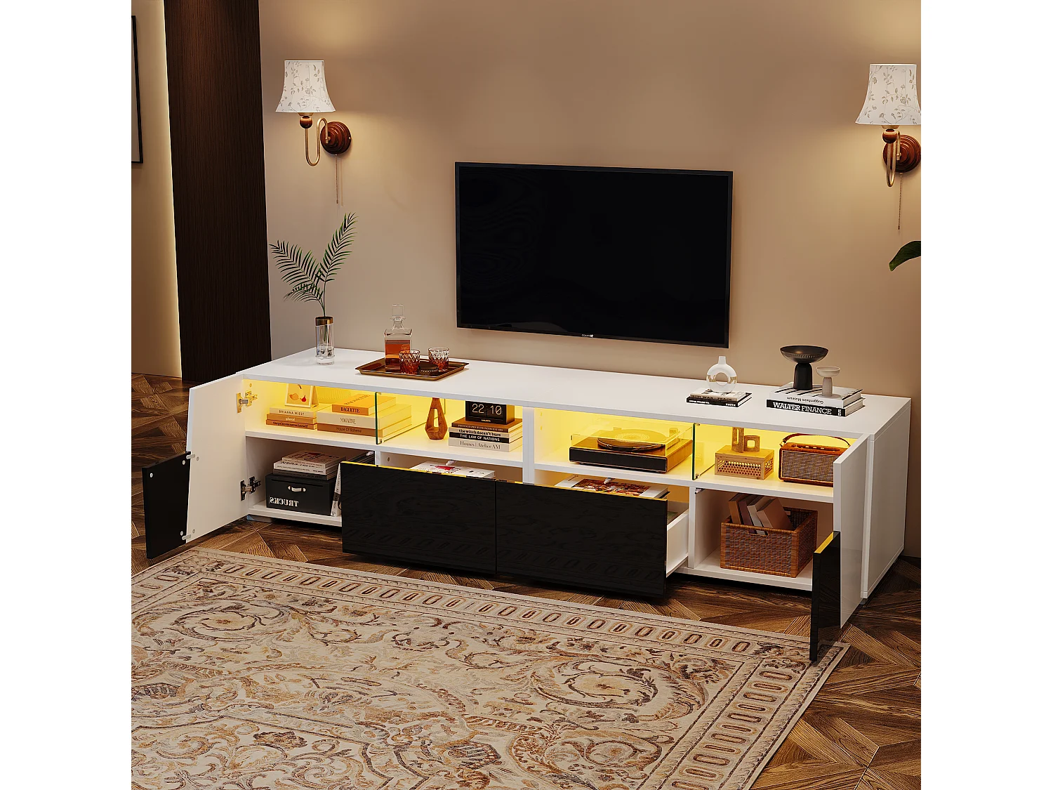 TV-Schrank 180x38,5x45 cm - mit LED-Beleuchtung - 2 Schubladen und 2 Türen - Offene Ablagefächer - Hochglanzfinish - Weiß + schwarz