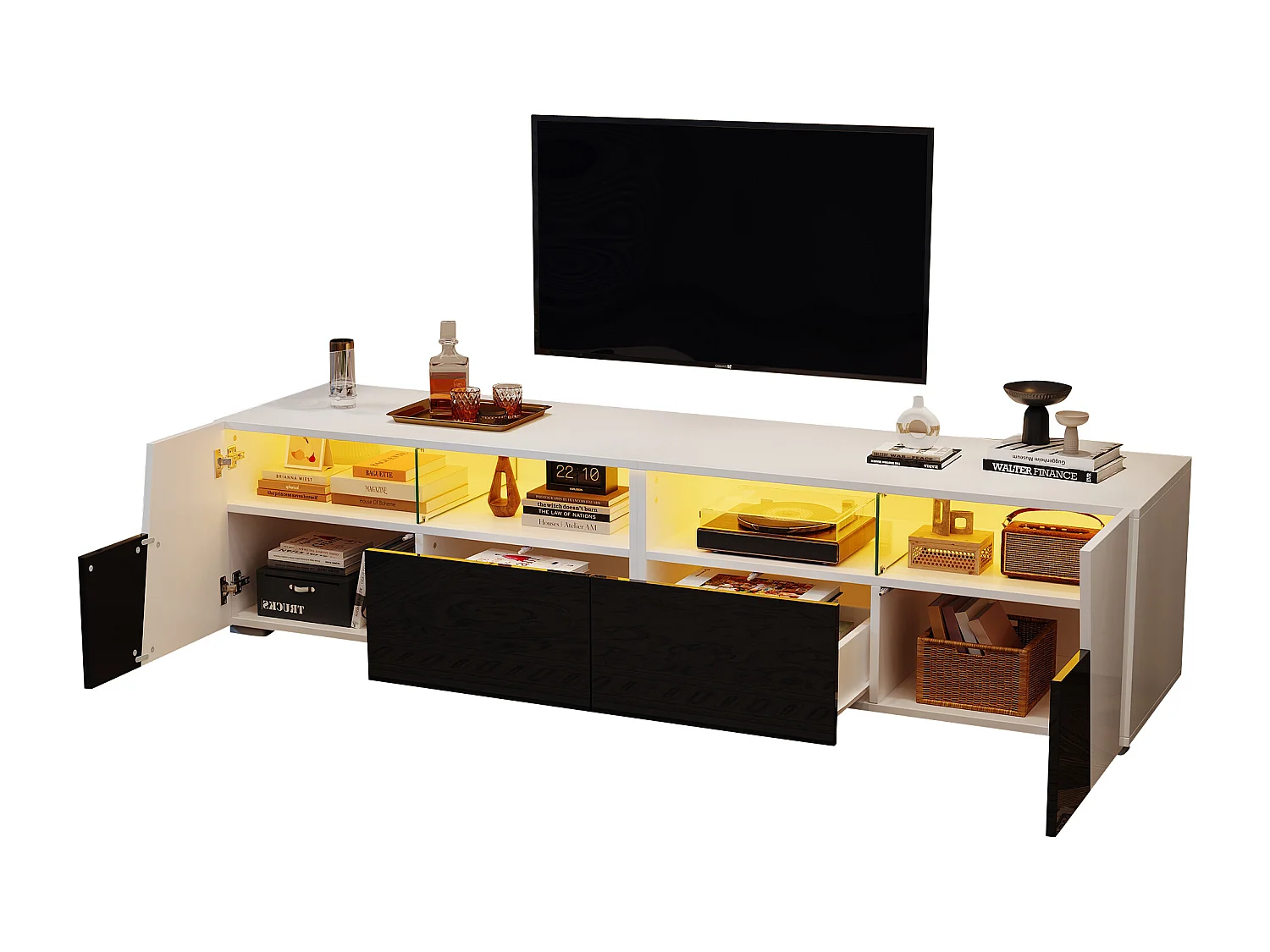TV-Schrank 180x38,5x45 cm - mit LED-Beleuchtung - 2 Schubladen und 2 Türen - Offene Ablagefächer - Hochglanzfinish - Weiß + schwarz