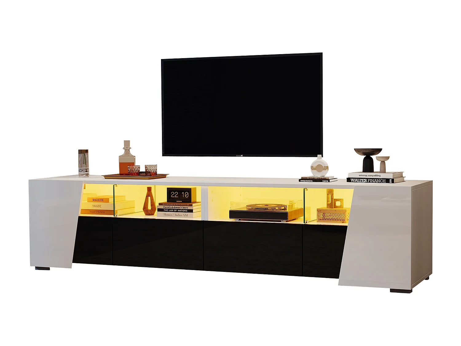 Meuble TV 180x38,5x45 cm - avec éclairage LED - 2 tiroirs et 2 portes - Étagères ouvertes - Finition brillante - Blanc + noir
