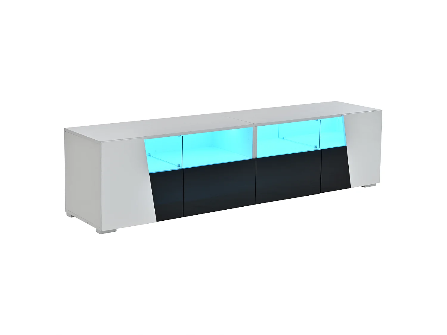 Meuble TV 180x38,5x45 cm - avec éclairage LED - 2 tiroirs et 2 portes - Étagères ouvertes - Finition brillante - Blanc + noir