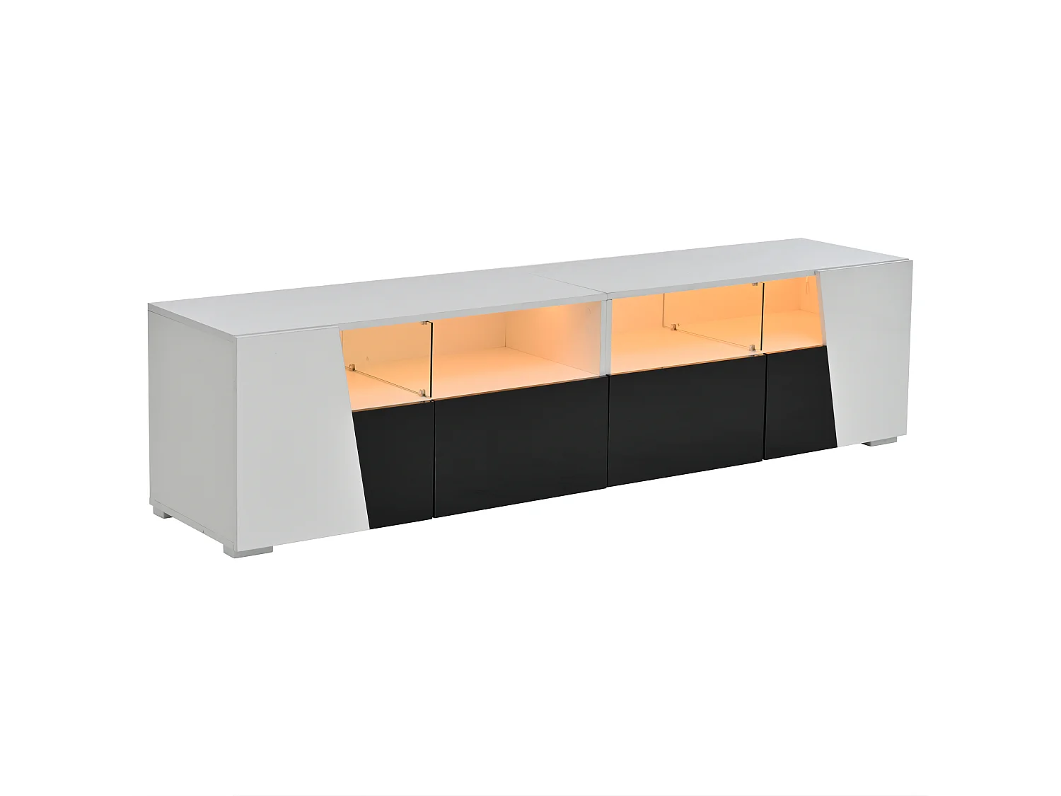 Meuble TV 180x38,5x45 cm - avec éclairage LED - 2 tiroirs et 2 portes - Étagères ouvertes - Finition brillante - Blanc + noir