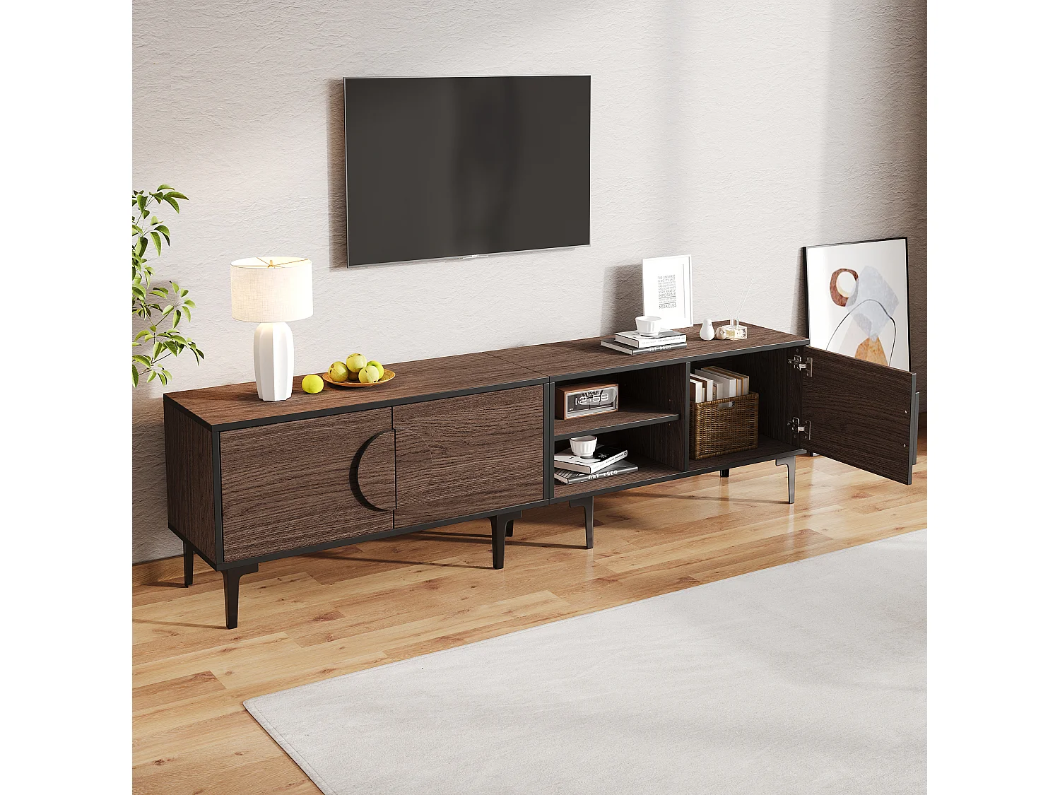 TV-Schrank 180x35x49 cm - mit 3 Türen - Offene Ablagefächer - Spanplatten - Braun