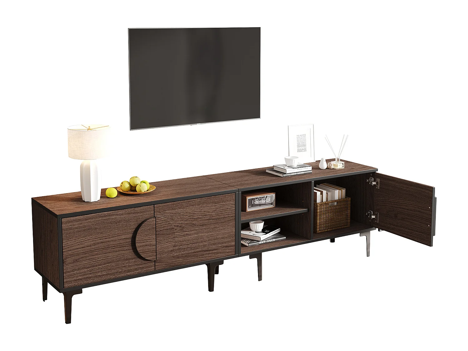 TV-Schrank 180x35x49 cm - mit 3 Türen - Offene Ablagefächer - Spanplatten - Braun