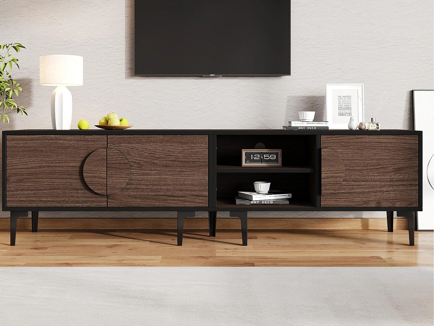 Meuble TV 180x35x49 cm - avec 3 portes - Étagères ouvertes - Panneaux de particules - Marron